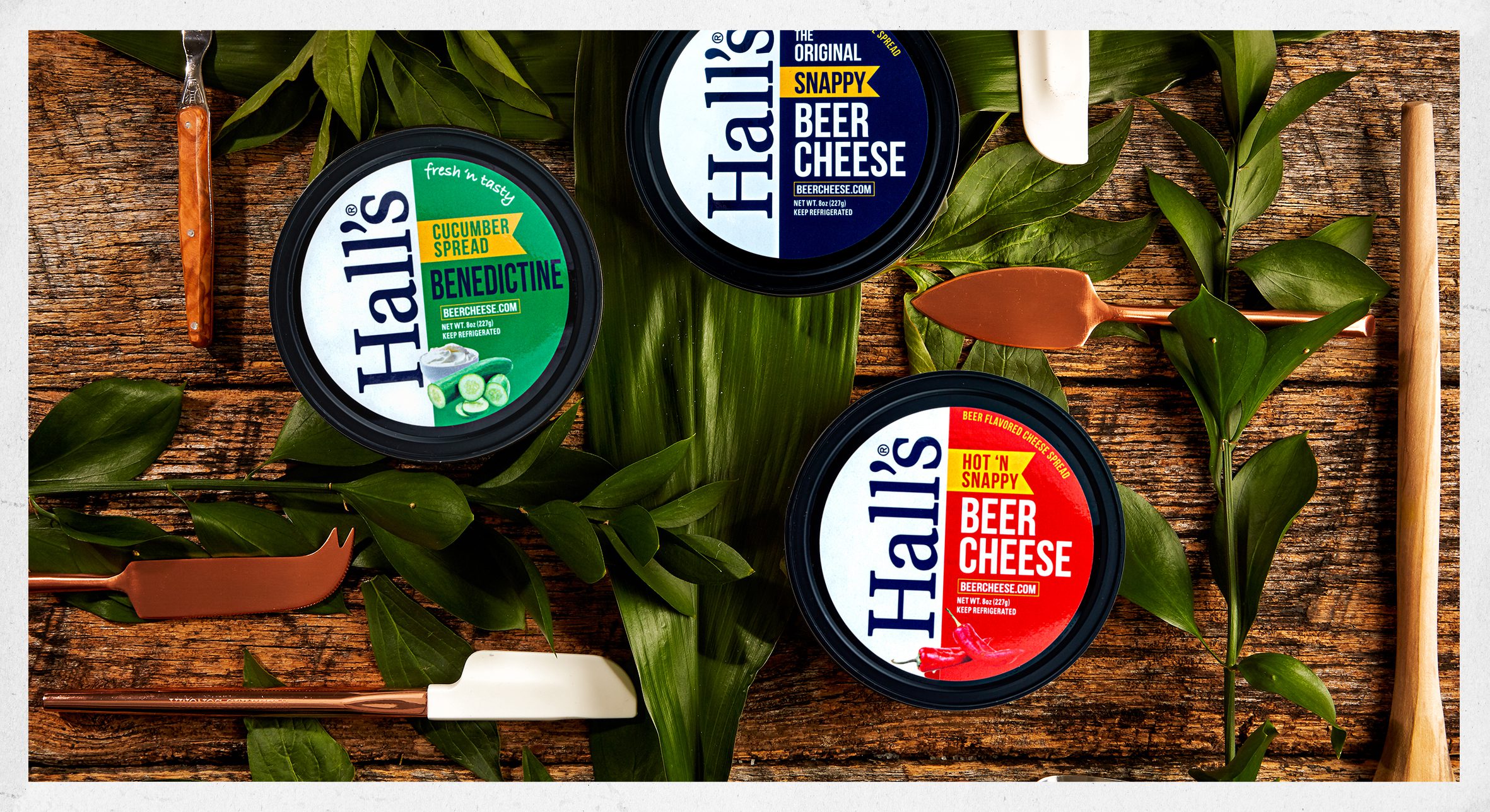 Overhead shot of Hall's Beer Cheese products