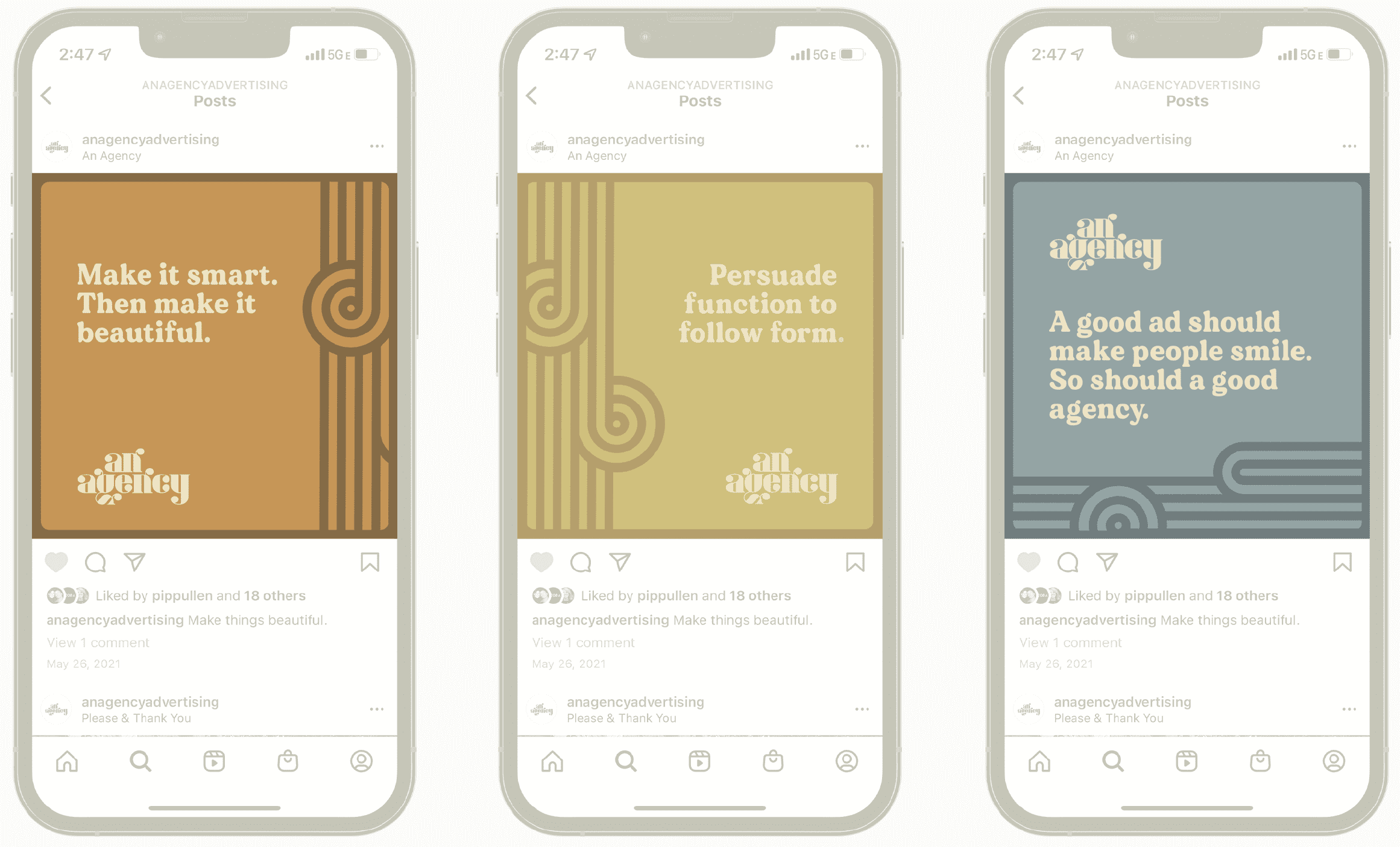 Three mobile screens with social media posts